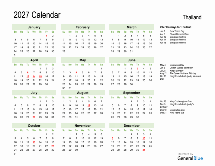 Holiday Calendar 2027 for Thailand (Sunday Start)
