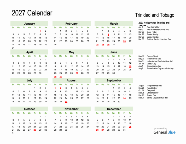 Holiday Calendar 2027 for Trinidad and Tobago (Sunday Start)