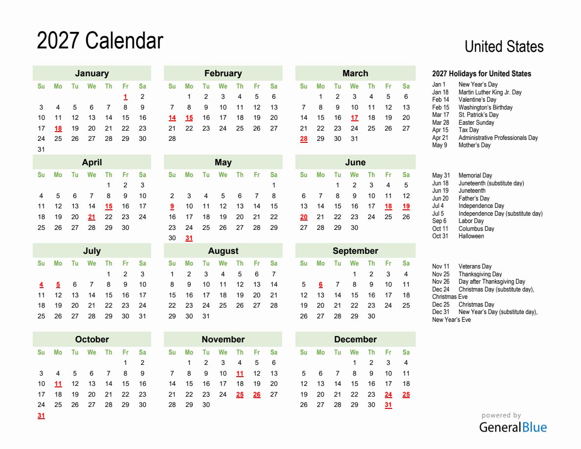 Holiday Calendar 2027 for United States (Sunday Start)