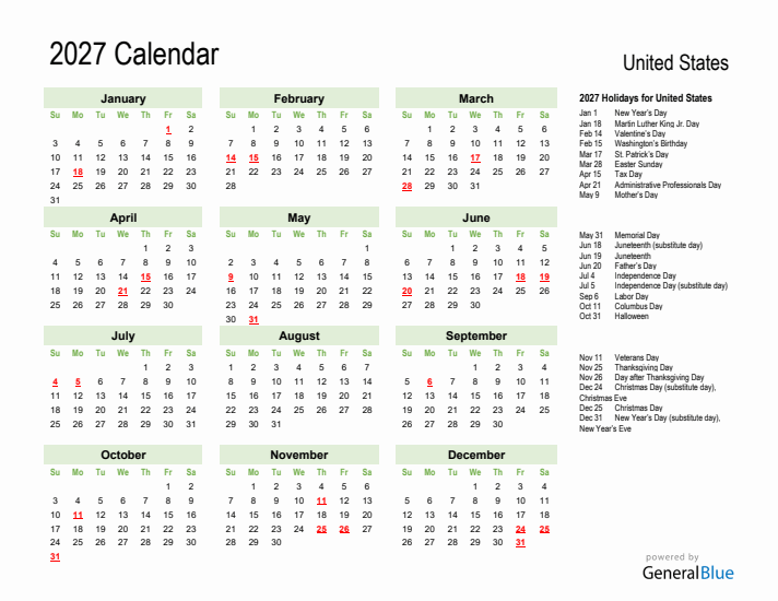 2027 United States Calendar With Holidays
