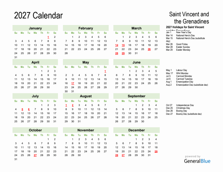 Holiday Calendar 2027 for Saint Vincent and the Grenadines (Sunday Start)