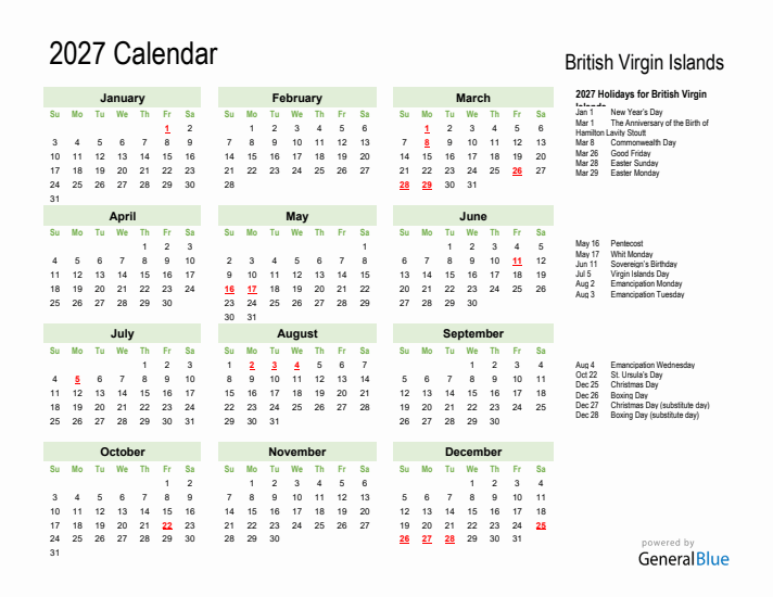 Holiday Calendar 2027 for British Virgin Islands (Sunday Start)