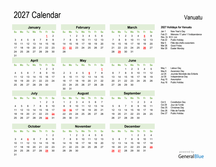 Holiday Calendar 2027 for Vanuatu (Sunday Start)