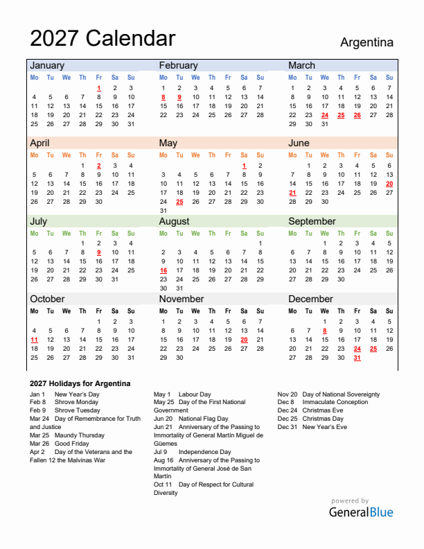 Calendar 2027 with Argentina Holidays