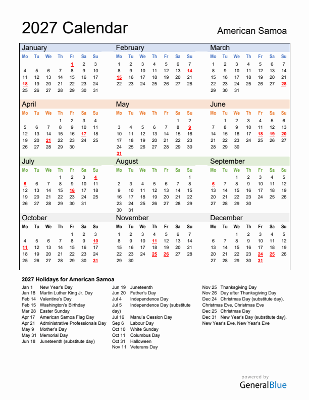 Calendar 2027 with American Samoa Holidays