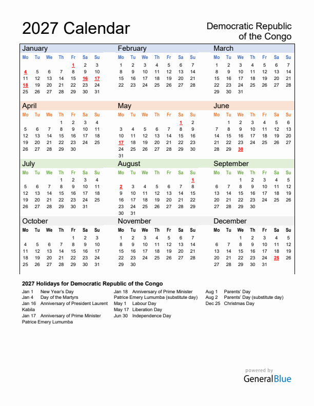 Calendar 2027 with Democratic Republic of the Congo Holidays