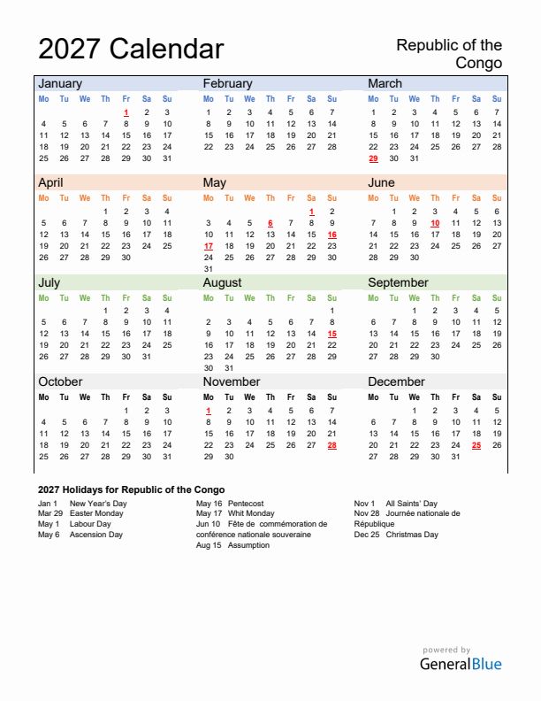 Calendar 2027 with Republic of the Congo Holidays