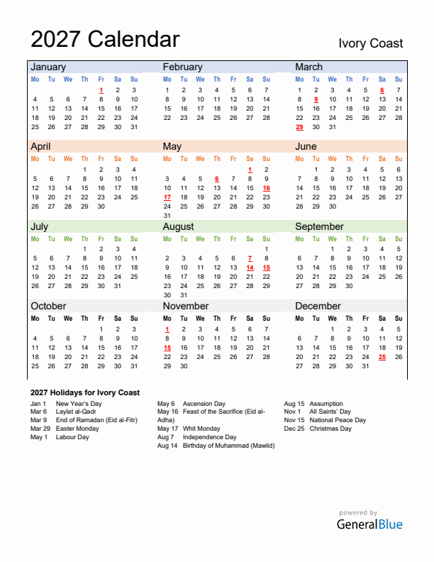 Calendar 2027 with Ivory Coast Holidays