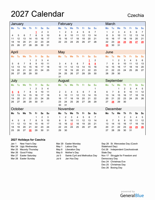 Calendar 2027 with Czechia Holidays