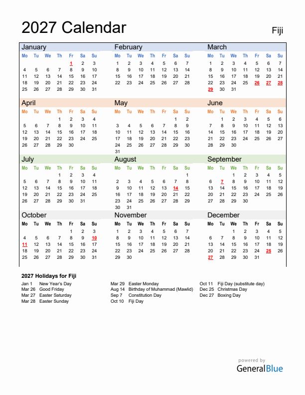 Calendar 2027 with Fiji Holidays