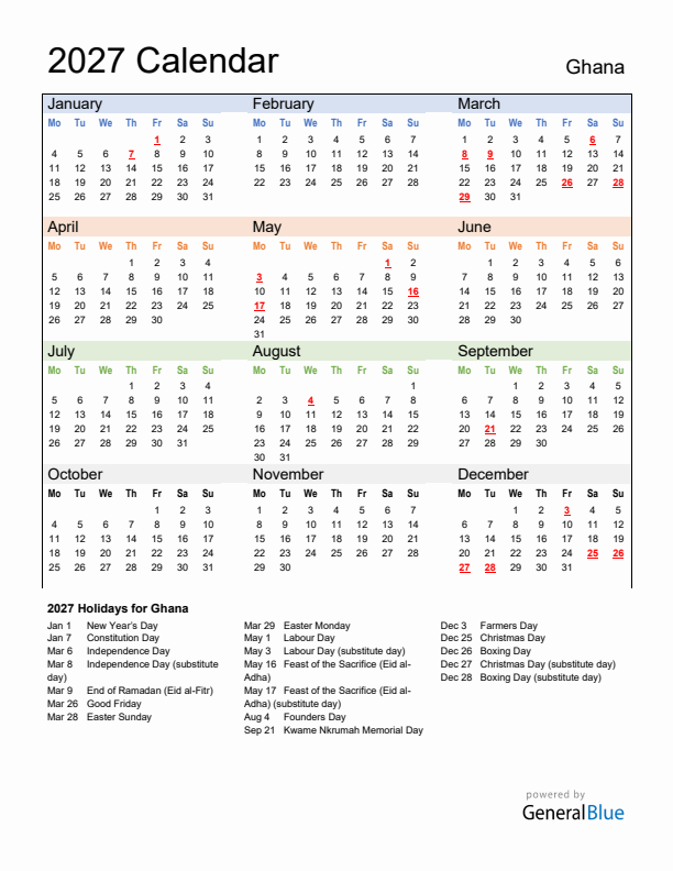 Calendar 2027 with Ghana Holidays