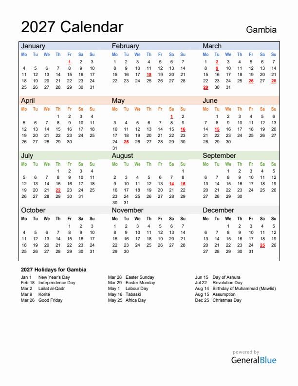 Calendar 2027 with Gambia Holidays