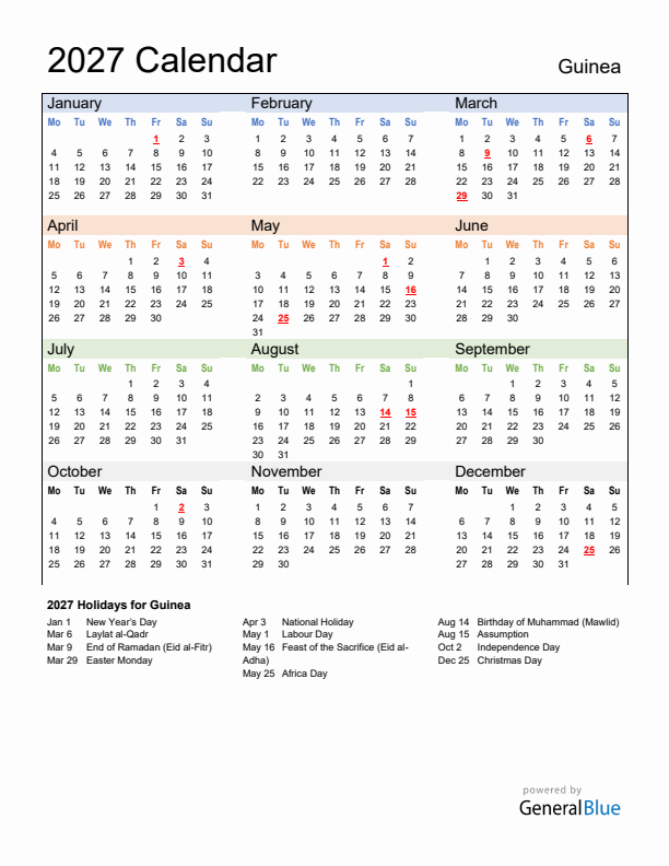 Calendar 2027 with Guinea Holidays