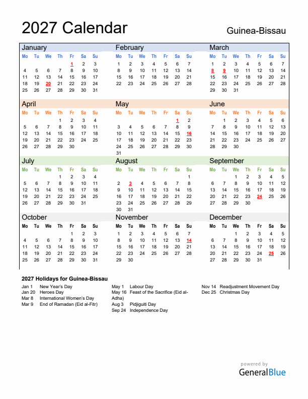 Calendar 2027 with Guinea-Bissau Holidays