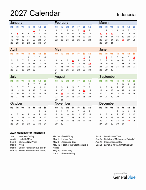 Calendar 2027 with Indonesia Holidays