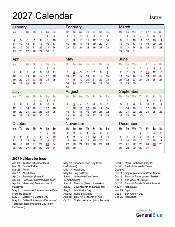 Calendar 2027 with Israel Holidays