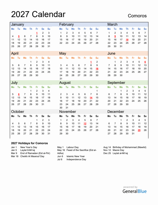 Calendar 2027 with Comoros Holidays