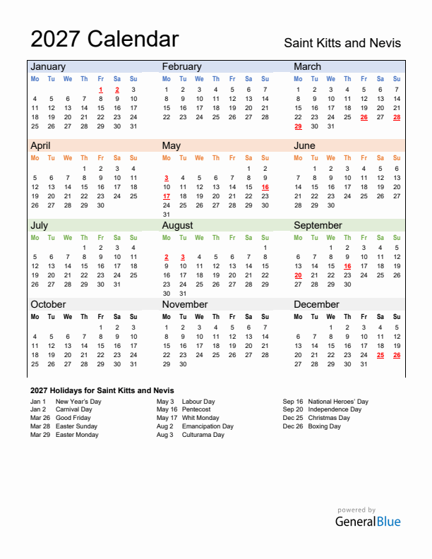 Calendar 2027 with Saint Kitts and Nevis Holidays