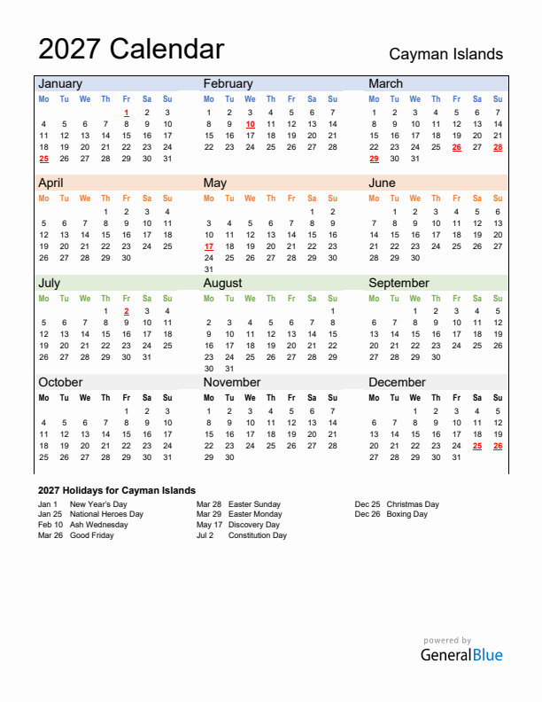 Calendar 2027 with Cayman Islands Holidays