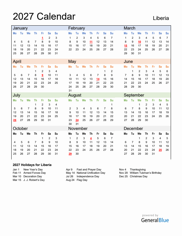 Calendar 2027 with Liberia Holidays