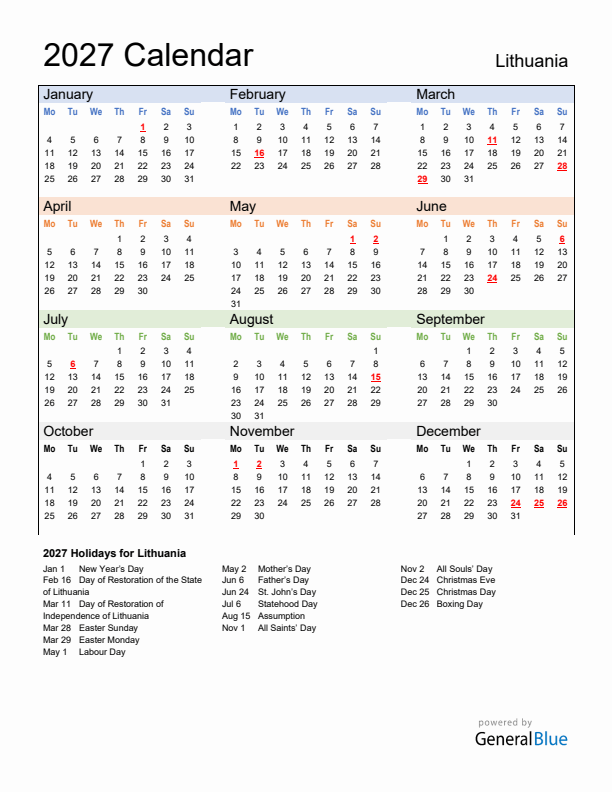 Calendar 2027 with Lithuania Holidays