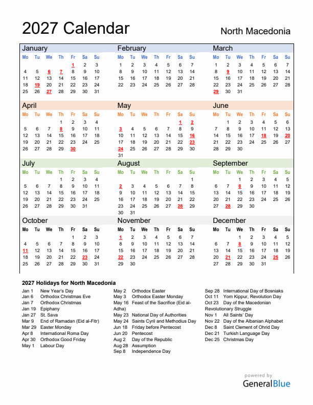 Calendar 2027 with North Macedonia Holidays