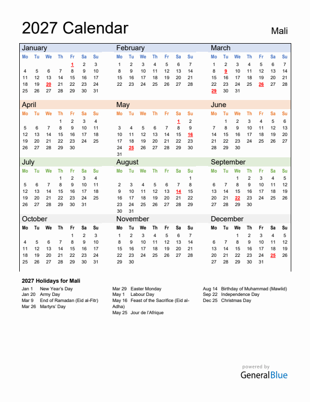 Calendar 2027 with Mali Holidays