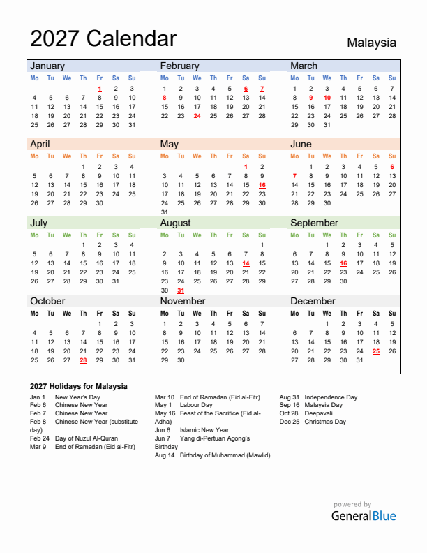 Calendar 2027 with Malaysia Holidays