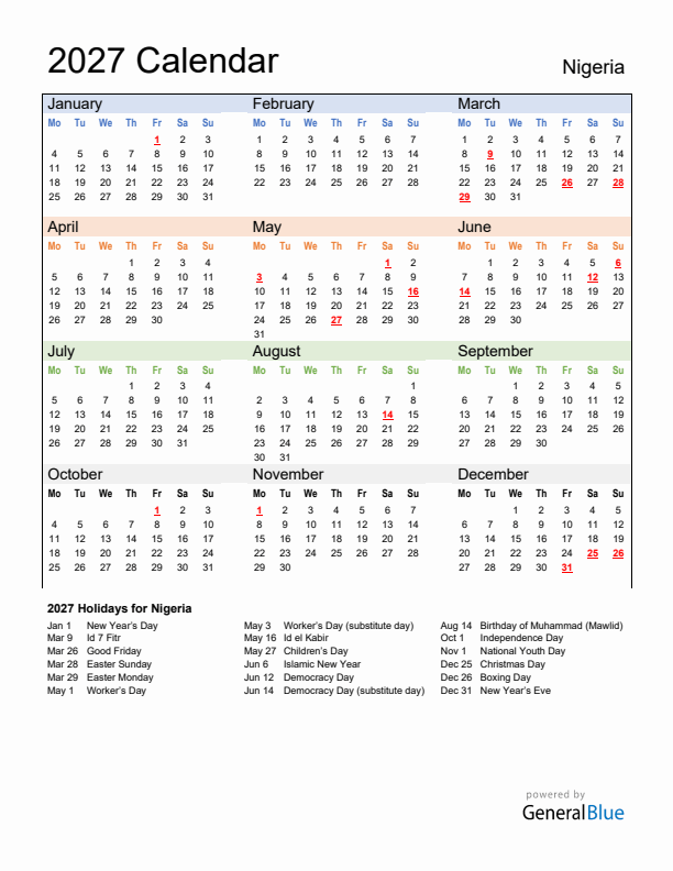 Calendar 2027 with Nigeria Holidays