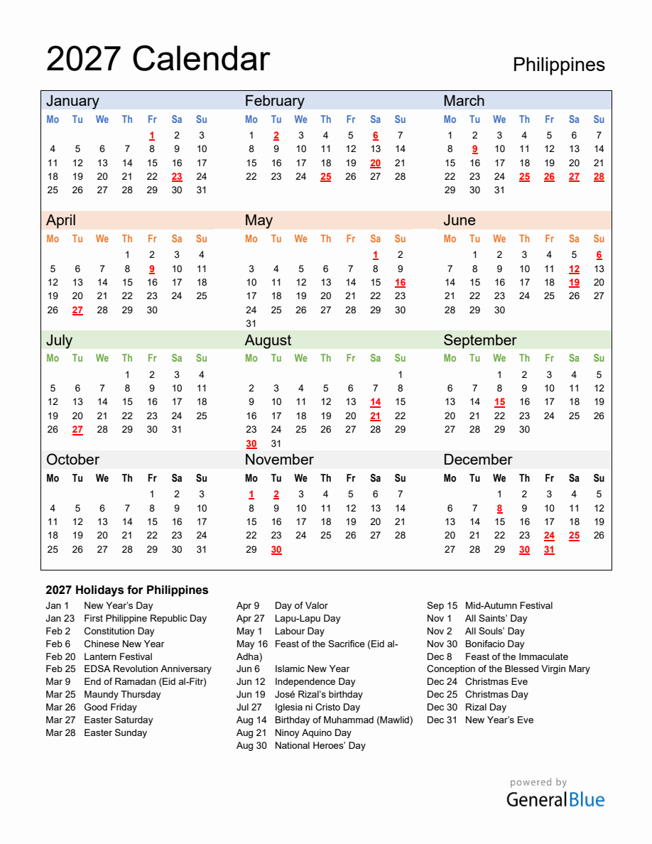 Annual Calendar 2027 with Philippines Holidays - Monday Start