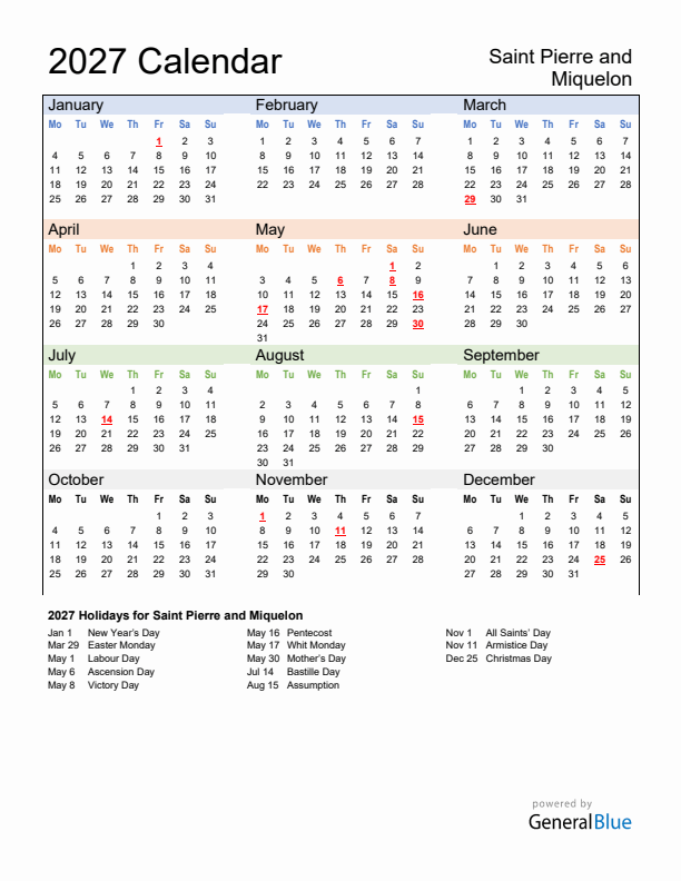 Calendar 2027 with Saint Pierre and Miquelon Holidays