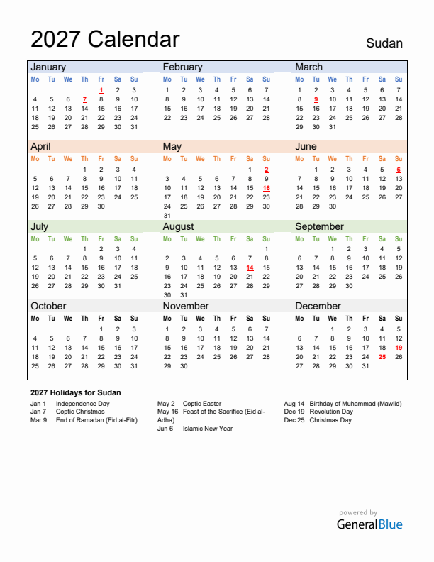 Calendar 2027 with Sudan Holidays