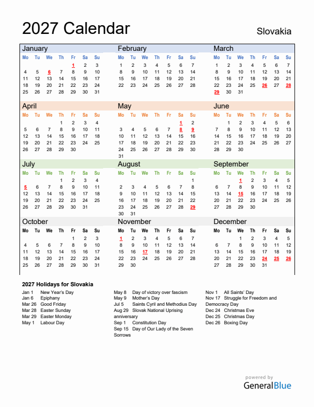 Calendar 2027 with Slovakia Holidays