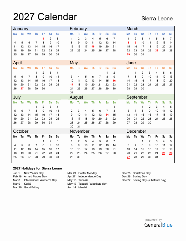 Calendar 2027 with Sierra Leone Holidays