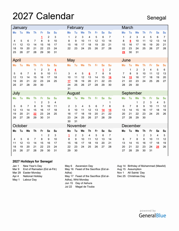 Calendar 2027 with Senegal Holidays
