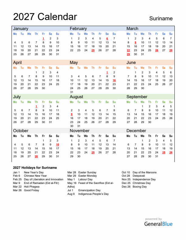 Calendar 2027 with Suriname Holidays