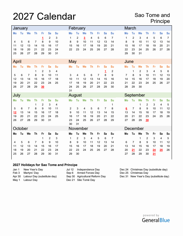 Calendar 2027 with Sao Tome and Principe Holidays