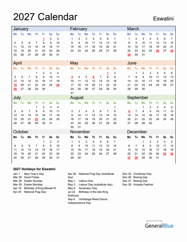 Calendar 2027 with Eswatini Holidays