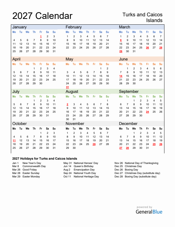 Calendar 2027 with Turks and Caicos Islands Holidays