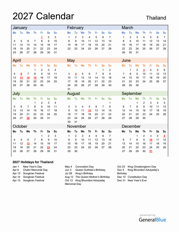 Calendar 2027 with Thailand Holidays