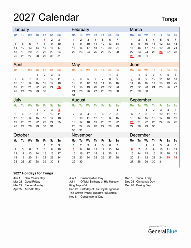 Calendar 2027 with Tonga Holidays