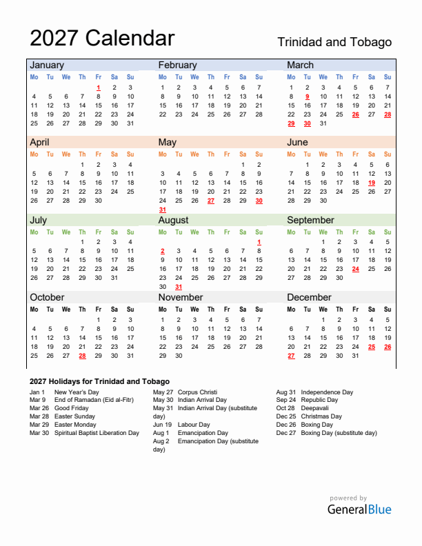 Calendar 2027 with Trinidad and Tobago Holidays