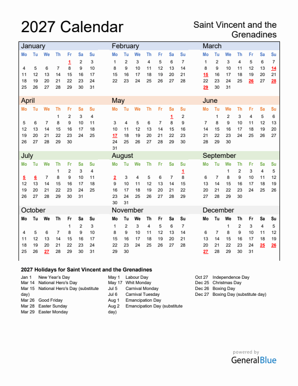 Calendar 2027 with Saint Vincent and the Grenadines Holidays