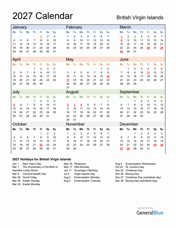 Calendar 2027 with British Virgin Islands Holidays