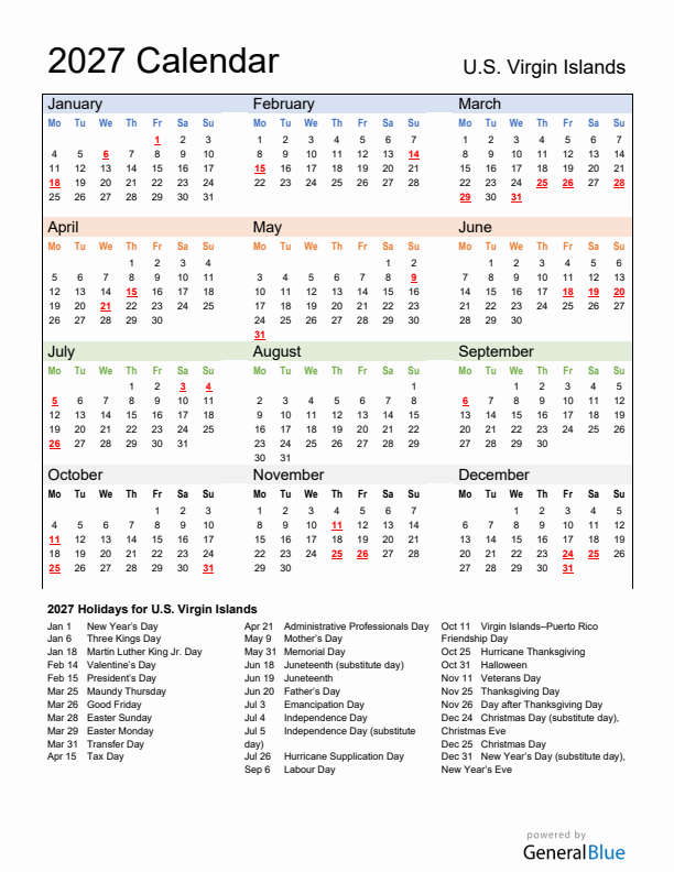 Calendar 2027 with U.S. Virgin Islands Holidays