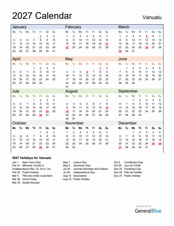 Calendar 2027 with Vanuatu Holidays