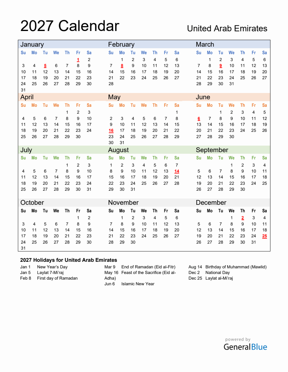 Annual Calendar 2027 with United Arab Emirates Holidays