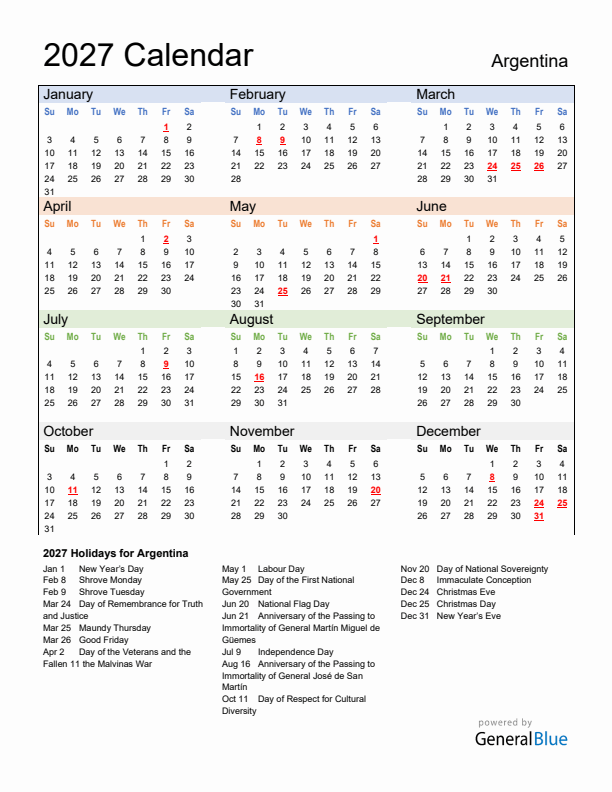 Calendar 2027 with Argentina Holidays