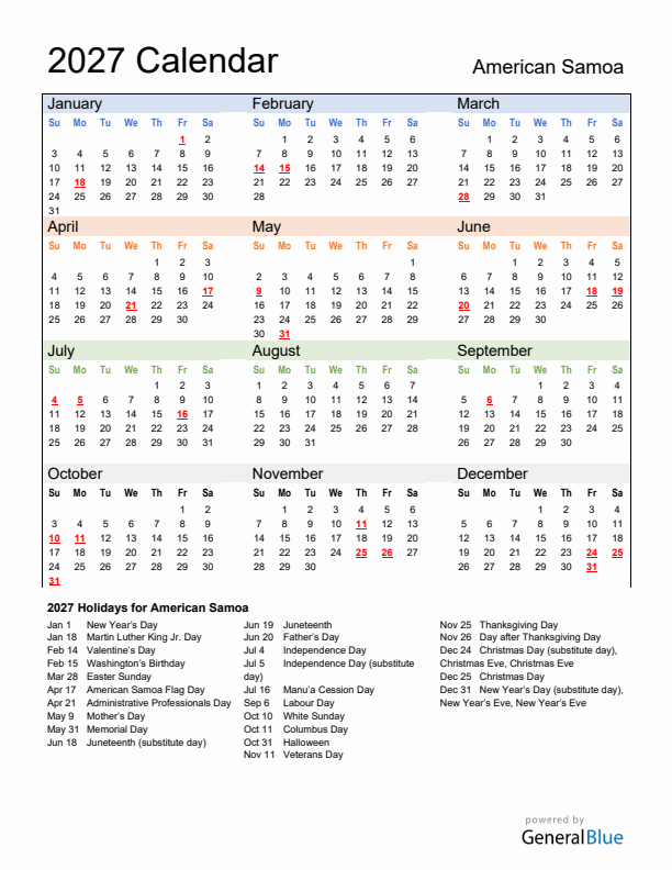 Calendar 2027 with American Samoa Holidays