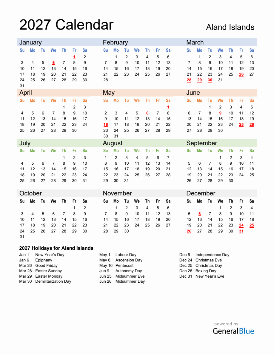 Annual Calendar 2027 with Aland Islands Holidays